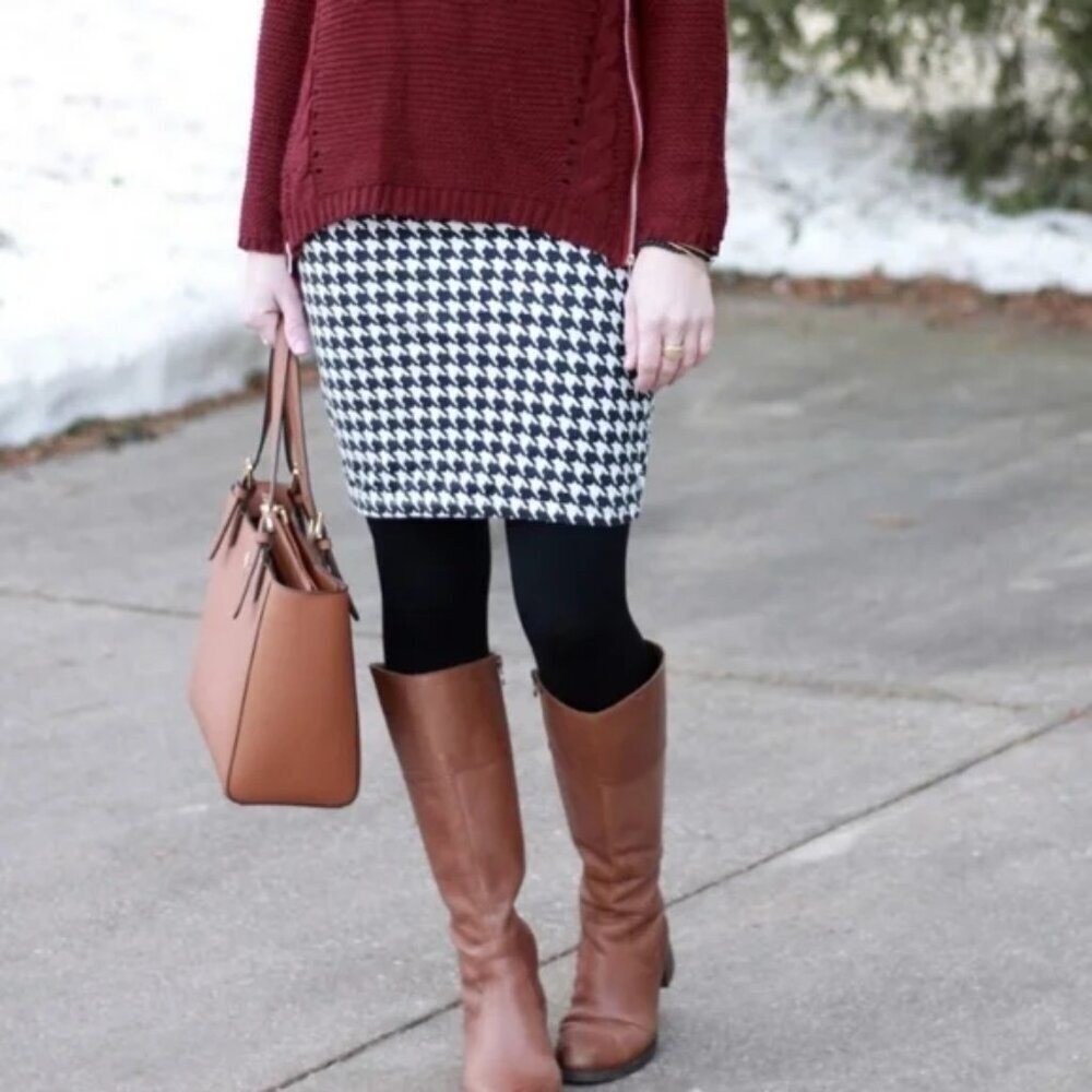 Houndstooth Skirt Classic Knee Length Pencil Zip Slit Stretch GO Inter Sz 12 - Picture 9 of 9